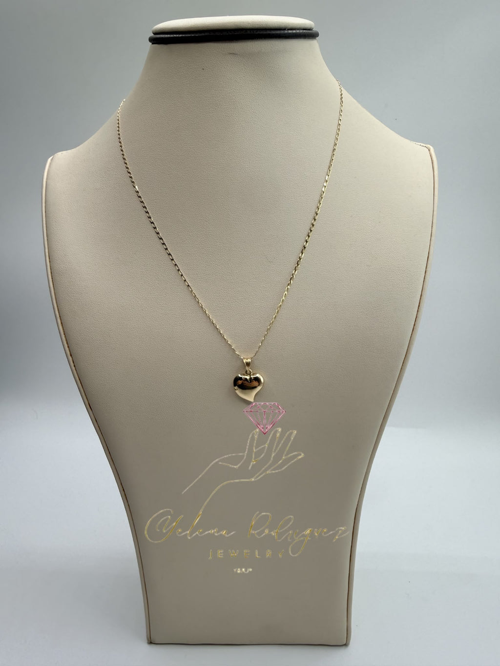 CADENA CORTE BRILLO DE ESLABON ANCHO Y DIJE DE CORAZON INFLADO SIZE 18 10K , ANILLO ETERNIDAD CON ZIRCONIAS NEGRAS Y BLANCAS 14K