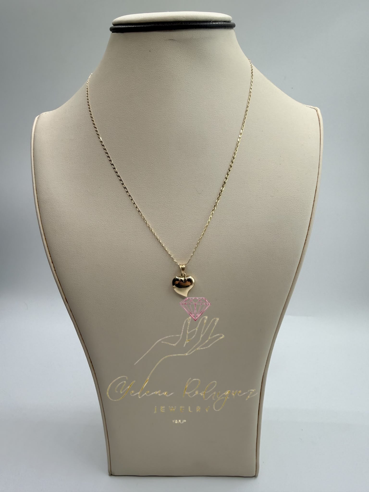CADENA CORTE BRILLO DE ESLABON ANCHO Y DIJE DE CORAZON INFLADO SIZE 18 10K , ANILLO ETERNIDAD CON ZIRCONIAS NEGRAS Y BLANCAS 14K